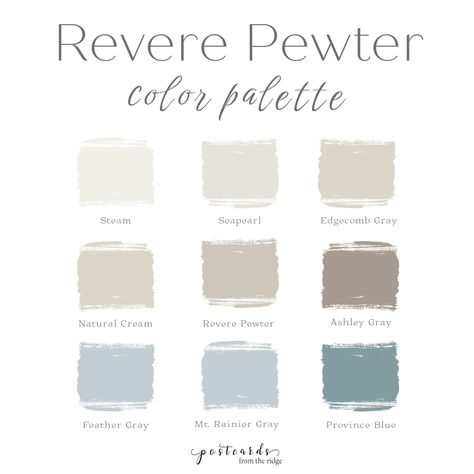 Pewter Color Palette, Revere Pewter Coordinating Colors, Benjamin Moore Tranquility, Popular Wall Colors, Quiet Moments Benjamin Moore, Pewter Benjamin Moore, Painting Trim White, Revere Pewter Benjamin Moore, Pewter Green