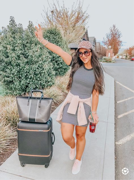 Comfy outfit for a flight. Seattle Airport. Travel Outfit, Airport Outfit, Blush Jacket, Casual Sneakers, Round Shaped Sunglasses, Leopard Hat, Striped Dress,What to wear for a flight,   #TravelBlogger #travel #flight #airport #vegas  #airportfashion #airportoutfit #travelstyle #outfitoftheday #airportstyle#outfitinspo #casualstyle Comfortable Las Vegas Outfit, Las Vegas Summer Outfit Ideas Casual, Las Vegas Outfit Spring Casual, Casual Las Vegas Outfit Summer, Las Vegas Casual Outfit, Vegas Day Outfit Fall, Vegas Day Outfit Spring, Vegas Day Outfit Summer, Vegas Outfit Ideas Fall