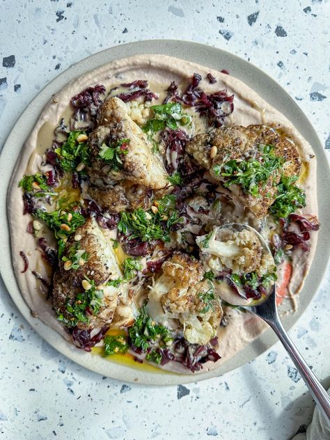 Zaatar Cauliflower With Balsamic Caramelised Onion Hummus Zaatar Cauliflower, Onion Hummus, Zaatar Recipe, Balsamic Onions, Caramelised Onion, Pine Nut, Roasted Cauliflower, Caramelized Onions, Home Recipes