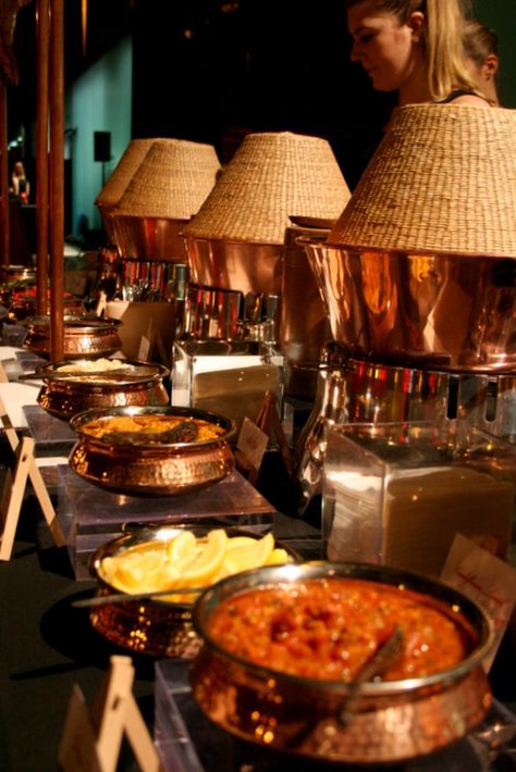 Indian Food Station by Alison Price and Company Wedding Catering Buffet Food Stations, Indian Food Buffet, Curry Night Table Setting, Wedding Buffet Table Decor Food Stations, Indian Food Table, Indian Food Wedding, Indian Food At Wedding, Desi Food Table Setting, Indian Food Wedding Buffet