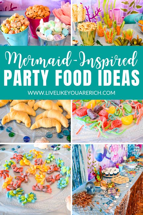 Looking for food ideas to complement your mermaid-themed celebration? From coral reef candy, treasure chest, sand dollar cookies, seashell sticks, gold fish crackers, coral popcorn, jello seascapes, and many more. These recipes will make your celebration truly unforgettable. Snacks For Mermaid Birthday Party, Mermaid Themed Food For Party, Mermaid Themed Party Snacks, Mermaid Food Birthday Party, Ariel Themed Food, 2nd Birthday Party Mermaid Theme, Food Ideas For Mermaid Birthday Party, Mermaid Birthday Treats For School, Mermaid Finger Foods