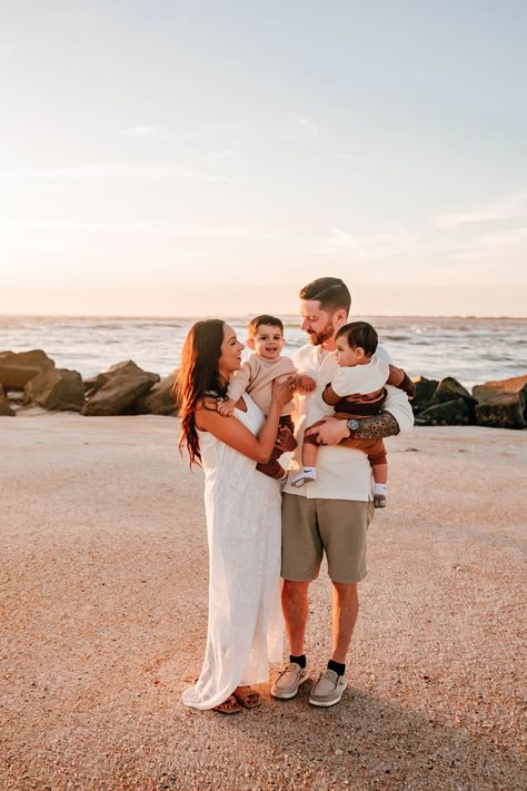 family of 4 pose together on rocky beach at sunrise during a family photo session Beach Family Photoshoot, Beach Family Photography, Beach Photography Family, Family Photo Ideas, Family Photoshoots, Family Meeting, St Augustine Florida, Family Portrait Photography, Beach Family