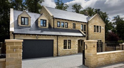 Natural Yorkshire stone is a trademark on the majority of properties built by Conroy Brook, including this one at Broomfield Avenue in Halifax. Architecture Windows, Harewood House, Basement Living Rooms, Front House, County House, House Front Door, Commercial Construction, Black Windows, House Exteriors