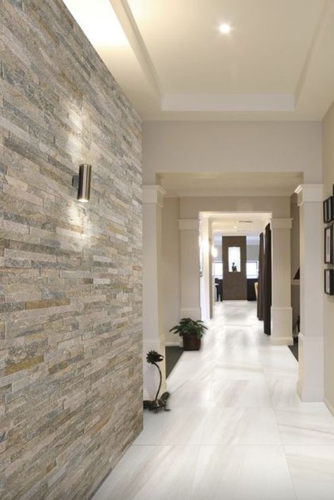 Hamptons Feature Wall, Stone Clad Fireplace, Bbq Bench, Stone Cladding Interior, Stone Wall Living Room, Portugal Villa, Hallway Tiles, Wall Cladding Tiles, Stone Feature Wall