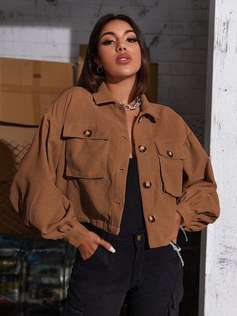 To find out about the SHEIN Corduroy Button-Front Cropped Jacket at SHEIN, part of our latest Women Jackets ready to shop online today! Brown Jacket Outfit, Jacket Outfit Women, Women Jackets, Brown Jacket, Corduroy Jacket, Cropped Jacket, Crop Jacket, Outfits Casuales, Casual Jacket