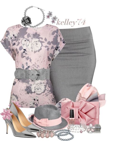 "Pink & Grey" by kelley74 ❤ liked on Polyvore Mode Tips, فستان سهرة, Complete Outfits, Business Attire, Business Outfits, Shoes And Accessories, Work Fashion, Skirt Outfits, Look Fashion