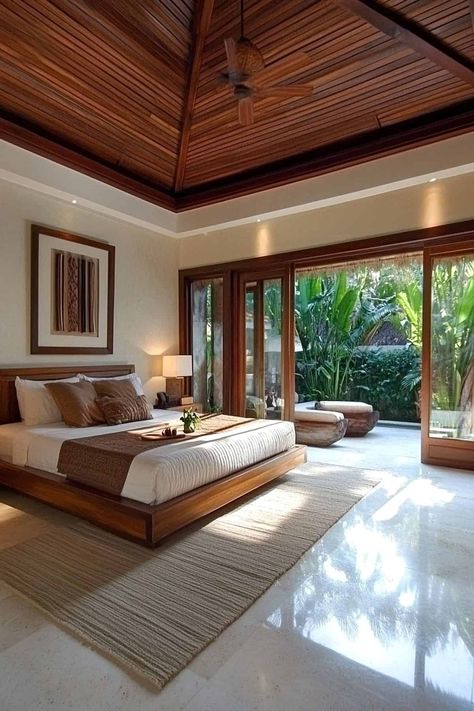 42 Bali Style Bedroom Ideas (Create the Ultimate Tropical Getaway at Home) Bali Villa Bedroom, Bali Bedroom Ideas, Resort Style Bedroom, Bali House Design Villas, Bali Resort Villa, Bali Style Bedroom, Bali Inspired Home, Tropical Decor Ideas, Bedroom Tropical