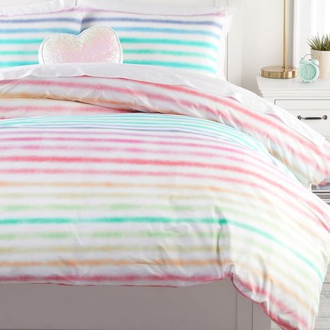 Rainbow Stripe Organic Duvet Cover & Sham | Pottery Barn Teen Large Duvet Covers, Boys Duvet Cover, Girls Duvet Covers, Rainbow Bedroom, Twin Size Duvet Covers, Bronze Art, Rainbow Room, Teen Bedding