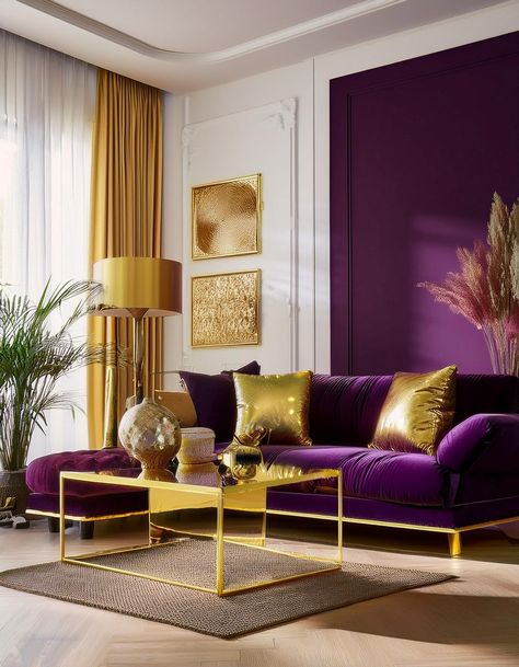 Rich Gold and Deep Plum English Cottage Living Room, Office Bedroom Ideas, Luxury Living Room Ideas, Purple Interior Design, Coffee Table Decor Ideas, Living Room Ideas On A Budget, Room Ideas On A Budget, Country Style Living Room, Purple Interior