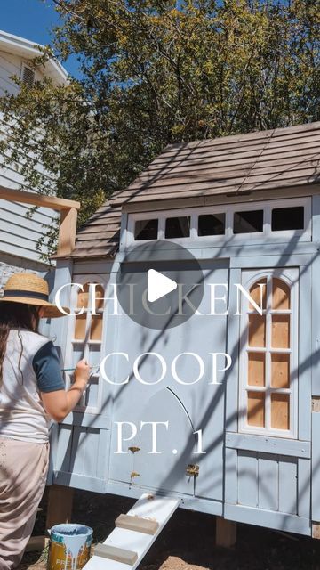 E M I L Y on Instagram: "Chicken Coop Part 1 ✨  Making this coop has been so fun and seeing the vision come to life is always satisfying!   ~ First step is to talk your husband into getting chickens 😆  ~ I found a playhouse off of FB marketplace for $60   ~ Then we made it sturdy and enclosed it 🔨  ~ I painted the inside white since there were different colors of wood after adding on 🖌️  ~ I painted the exterior a cottage blue and will add some painted details 🌷  ~ Moved all the chicks in and just need to finish the chicken run 🐔  Follow along for Part 2 where we build our circular chicken run and add some magical details ✨ . . . . #lowes #loweshomeimprovement #chickencoop #chickens #coop #cutecoop #cutechickencoop #cottagestyle #cottageinspo #chickencoopinspo #playhouse #diyproject # Diy Chicken Coop Paint Ideas, Adding On To Chicken Coop, Chicken Coop Cottage, Playhouse Turned Chicken Coop, Chicken Coop Curtains, Shed Turned Chicken Coop, Chicken Coop Mural, Chicken Coop Paint Colors, Diy Wood Playhouse