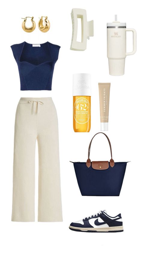 Aesthetic outfit with cream pants, navy top,longchamp bag, stanly Beige Longchamp Bag Outfit, Navy Blue And Cream Outfit, Navy Longchamp Bag Outfit, Navy And Cream Outfit, Wednesday Fits, Blue Bag Outfit, Uni Clothes, Longchamp Bag Outfit, White And Blue Outfit