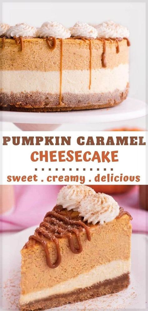 Looking for a fall dessert for parties or for Thanksgiving? You will love this Homemade Pumpkin Caramel Cheesecake! It's easy to make and so pretty! It also tastes amazing! The recipe has a nice thick crust with added cinnamon and brown sugar. The cheesecake layer is smooth, creamy and so flavorful, packed with warm spices. This is one of those sweets that you're going to be craving all fall season! Pumpkin Spice Cheesecake Enchiladas With Caramel Drizzle, Pumpkin Cheesecake Caramel, Caramel Pecan Pumpkin Cheesecake, Cookie Butter Pumpkin Cheesecake, Salted Caramel Pumpkin Cheesecake, Fall Cheese Cakes Recipes, Homemade Pumpkin Cheesecake, Fall Cheesecake Flavors, Winter Cheesecake Recipes