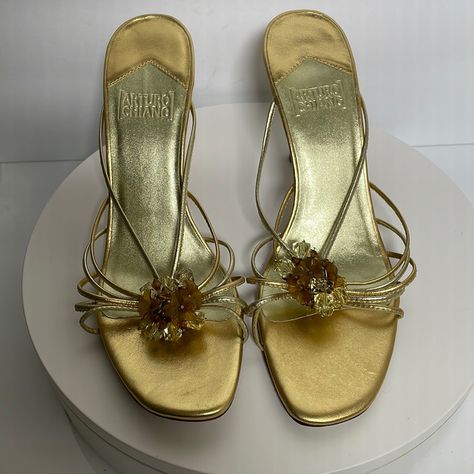 Women’s Heels Sandals Mules Gold Size 9.5 M Arturo Chiang Gold Heels Aesthetic, Pretty Flat Shoes, Mint Green Heels, Shoo Shoo, Summer Thrift, Quirky Furniture, Gold Kitten Heels, Gold Mules, Wedding Guest Accessories