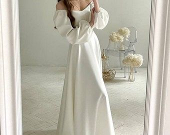 Dressesforhappiness - Etsy Canada Off Shoulder Wedding Dress Long Sleeve, Simple Modest Dress, Maxi Wedding Dress, White Corset Dress, Wedding Dress Simple, Modest Wedding Dress, Civil Wedding Dresses, Simple Wedding Dress, Exquisite Gowns