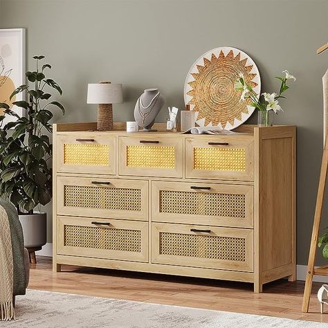 AOGLLATI Dresser for Bedroom with Led Light, Natural Rattan 7 Drawer Dressers, Dressers & Chests of Drawers, Closet Wooden Long Bedroom, Hallway, Entryway #commissionearned #ad Rattan Dresser, Dresser In Closet, Chest Of Drawers Bedroom, Long Dresser, Drawers Bedroom, Dresser For Bedroom, 7 Drawer Dresser, Hallway Entryway, Tall Dresser