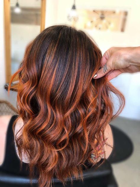 Black Hair With Copper Balayage, Orange Balayage Hair Brunettes, Black To Auburn Hair, Copper Balayage On Dark Hair, Copper Balayage On Black Hair, Dark Hair With Copper Highlights, Orange Highlights In Brown Hair, Black Hair With Copper Highlights, Copper Highlights On Black Hair