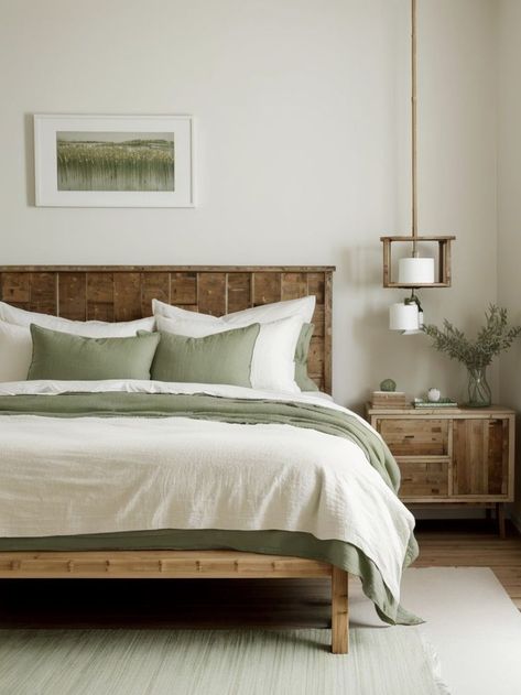 Sage Duvet Bedroom, Sage Sheets Bedroom, White Cream Sage Green Bedroom, Sage Green White And Gold Bedroom, Sage Beige Bedroom, Sage And Cream Bedroom Aesthetic, Grey Green And Wood Bedroom, Green And White Bed, Tan And Sage Bedroom