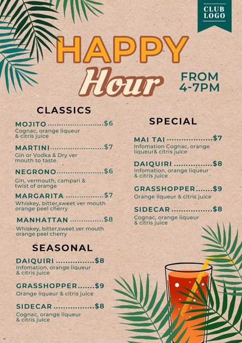 Happy Hour Menu Ideas, Wine Promotion, Summer Drink Menu, Summer Cocktail Menu, Drink Menu Design, Restaurant Business Plan, Knowledge Graph, Happy Hour Menu, Travel Bar