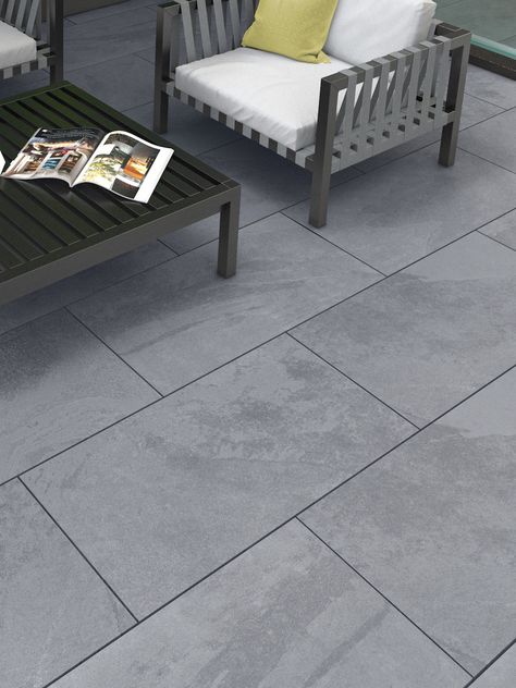 Victoria grey Slate, Brazil grey slate effect porcelain paving slabs Paving Slabs Ideas, Patio Tile Ideas, Bbq Wall, Grey Slate Tile, Slate Effect Tiles, Garden Slabs, Slate Paving, Grey Paving, Newsletter Subscription