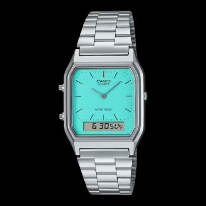 AQ-230A-2A2MQY | CASIO Casio Tiffany Blue, Casio Tiffany, Nice Watch, Time Alarm, Casio Edifice, Elapsed Time, Latest Colour, Analog Watch, Stainless Steel Band