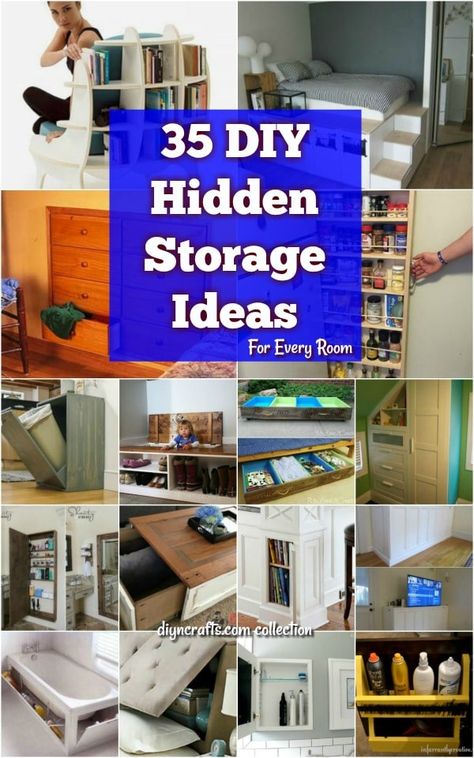 35 Space Saving DIY Hidden Storage Ideas For Every Room - 35 of the BEST DIY organizing ideas that provide hidden storage space. Includes DIY plans to create hidden storage for kitchen, bathroom, living room and bedroom. #organizing #storage #builtin #bathroom #bedroom #furniture Hidden Storage Ideas, Diy Hidden Storage Ideas, Diy Hidden Storage, Diy Space Saving, Diy Bedroom Storage, House Storage, Diy Space, Secret Storage, Trendy Bathroom