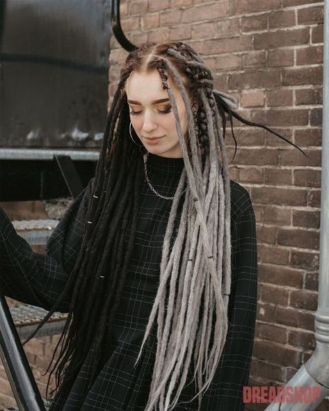 Split Hairstyles, Goth Dreadlocks, Black And White Dreads, Braid In Dreads Extensions, Grey Dreadlocks, White Dreadlocks, Grey Dreads, Colorful Dreads, Black Dreadlocks