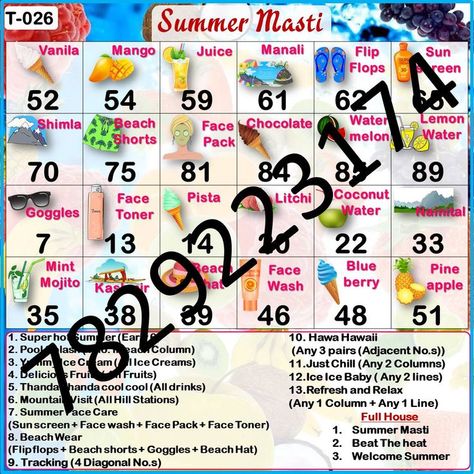 Lets Welcome Summer with this new summer tambola idea Summer Tambola Tickets, Summer Theme Tambola Tickets, Summer Theme Kitty Party Ideas, Housie Tickets Ideas, Water Goggles, Ladies Kitty Party Games, Tambola Tickets, Tambola Game, Kitty Party Games