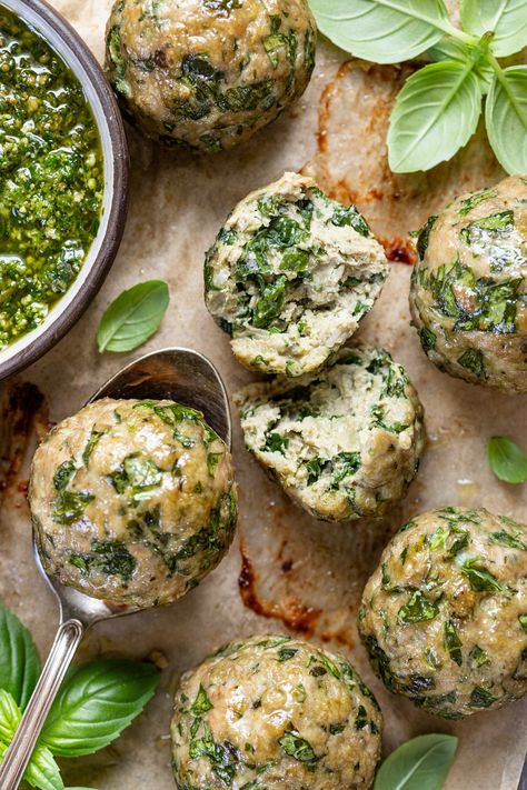 These Spinach Turkey Meatballs are a family favorite—simple, tasty, and oh-so satisfying! Each tender, juicy meatball is packed with spinach and that delightful flavor of pesto (use store-bought or homemade, whichever you prefer!). They’re perfect served over pasta, tucked into a melty sub, or enjoyed as mini meatloaves. Also, they're perfect for meal prep, making it easy to stock up for the week! Clean Eating Recipes For Dinner Families, Meal Prep Dinners For The Week, Pesto Recipes Dinner Healthy, Meals With Pesto, Healthy Food Prep For The Week, Turkey Meatball Meal Prep, Meal Prep Ideas For The Week, Veggie Packed Meals, Labor Snacks