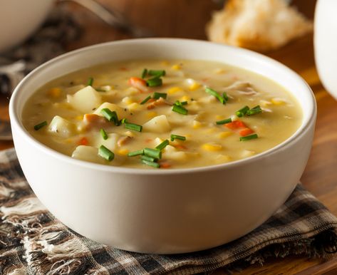 Light Corn Chowder - Daisy Brand Sopas Light, Pasti Fit, Low Fiber Diet, Corn Soup, Corn Chowder, Sauteed Vegetables, Hot Soup, Healthy Kitchen, Frozen Corn