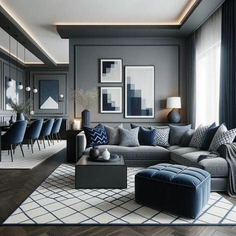 navy blue and charcoal gray living room Gray Living Room Blue Accents, Living Room Grey Color Scheme, Navy Blue And Gray Color Palette, Gray Living Room Ideas Paint Colors, Dark Grey And Navy Living Room, Charcoal And Blue Living Room, Grey Lounge Styling Color Schemes, Living Room Schemes, Grey Living Room Colour Schemes