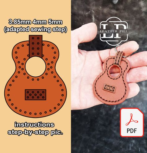 Leather Keyring Pattern, Guitar Keychain, Leather Key Ring, Keychain Leather, Ring Model, Leather Ring, Leather Art, Leather Keyring, Diy Keychain