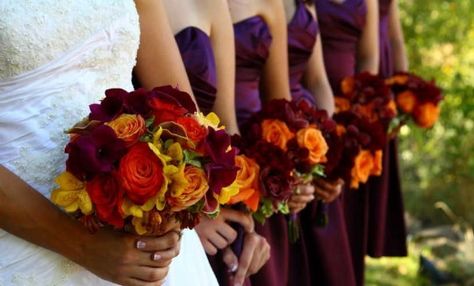 October Wedding Colors, Fall Purple, Purple Bridal Bouquet, Orange Bouquets, Wedding Colors Purple, Bridal Bouquet Fall, Maroon Wedding, Yellow Bridesmaids, Fall Wedding Bouquets