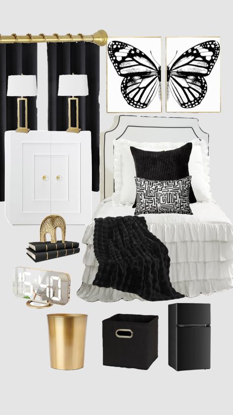 Black and Gold Dorm Design! 🖤 #dormroom #interiordesign #college #dorminspo Black White And Gold Room Decor, Black And Gold Room Aesthetic, Black Gold White Bedroom, Dorm Room Black And White, Black Dorm Room Ideas, Black White Gold Bedroom, Black And White Dorm, White And Gold Bedding, Black White And Gold Bedroom