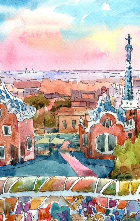 Barcelona Skyline Park Guell Art Print Travel Spain Wall Art - Etsy Ukraine Barcelona Watercolor Painting, Barcelona Spain Drawing, Barcelona Wall Art, Barcelona Artwork, Barcelona Watercolor, Barcelona Drawing, Spain Watercolor, Barcelona Painting, Spain Drawing