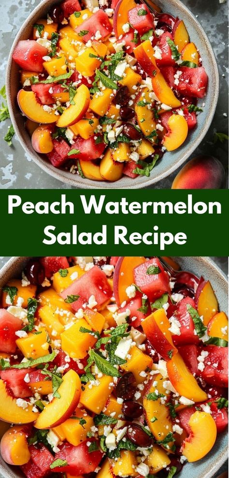 How about a sweet and savory salad? This peach watermelon salad recipe is ideal. Combining fresh peaches and watermelon, it's perfect for peach salad recipes and watermelon salads fans. Peach Salad Recipes, Fresh Peach Recipes, Watermelon Salad Recipes, Easy Fruit Salad Recipes, Melon Salad, Gourmet Salad, Peach Recipes, Fruit Salad Easy, Quick Salads