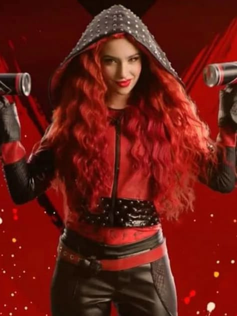 Descendants Red, Kylie Cantrall, Red Costume, Studded Leather Jacket, White Leather Jacket, Red Studs, Diy Jacket, Leather Jacket With Hood, Movies Outfit