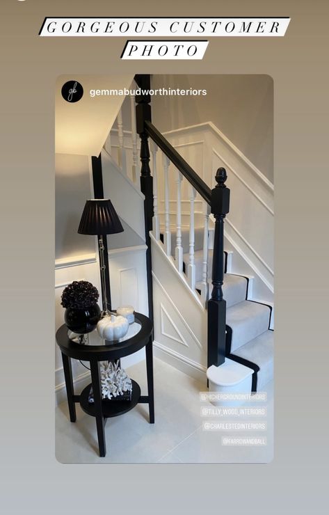 Monochrome Hallway Ideas, Black White Hallway, Black And White Bannister, Black And White Hallway Ideas, Updated Staircase, Black And White Staircase, Inside Stairs, Fabulous Living Room Decor, Hallway Renovation