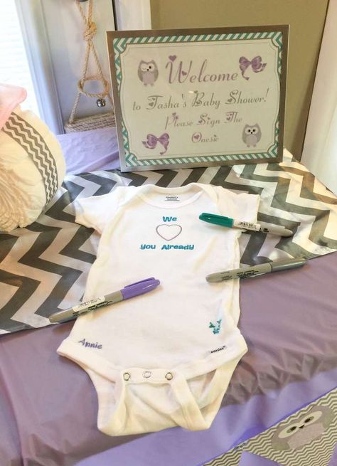 Sign the onesie at an owl baby shower party! See more party planning ideas at CatchMyParty.com! Sign The Onesie, Baby Shower Party Planning, Baby Reveal Party, Baby Shower Party Ideas, Party Planning Ideas, Owl Baby Shower, Owl Baby, Shower Party Ideas, Baby Shower Inspiration