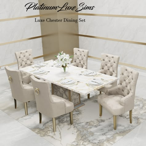 Luxe Chester Dining Set Part.1 - Furniture by PlatinumLuxeSims - The Sims 4 Download - SimsFinds.com Dinning Room Sims 4 Cc, Sims4 Furniture Patreon, Sims Four Cc Furniture, Funiture Sims 4 Cc Patreon, Sims 4 Gold Furniture Cc, Ts4 Dining Room Cc, Sims 4 Dining Room Cc Patreon, Sims 4 Cc Rooms Patreon, Sims 4 Cc Furniture Patreon Free Living Room