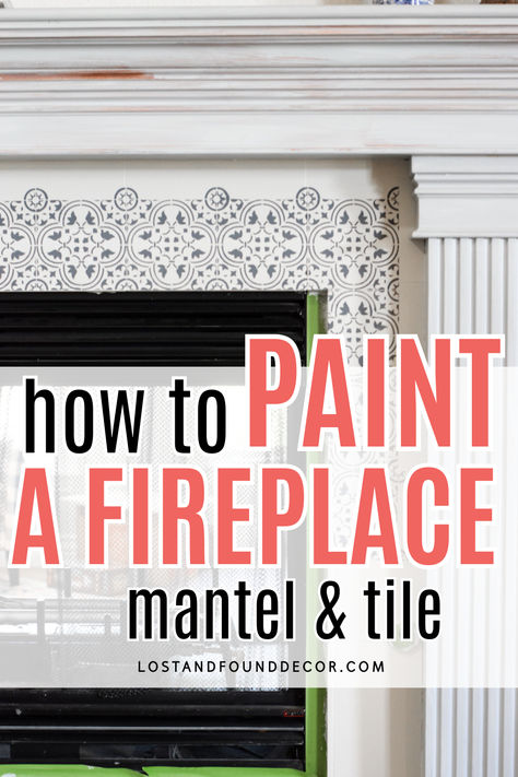 Do you have a dated fireplace with tiles you don't care for? That's what we found when we moved into our new house. I didn't want the hassle of having to demo the old tile surround, so I decided to paint and stencil the mantel AND the tiles. This tutorial walks through my entire step-by-step process so you can learn how to paint tiles and how you can do your own diy fireplace makeover on a budget. You won't believe this before and after fireplace makeover! Painted Tiles Fireplace, Painting Fireplace Tile, Paint Tile Fireplace Before And After, Fireplace Tile Makeover, Painted Tile Fireplace, Painted Fireplace Surround, Paint Fireplace Tile, Painted Fireplace Mantels, Wooden Fire Surrounds