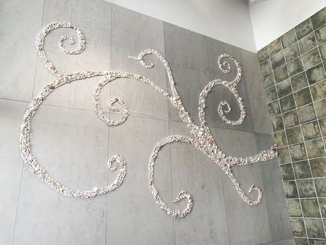 How to Make a Large Seashell Mural for a Sushi Restaurant – Wander Crafter Calligraphy & Engraving Seashell Mural, Calligraphy Engraving, Sushi Restaurant, Piping Tips, Sushi Restaurants, High Walls, Color Tile, Negative Space, Shopping Center