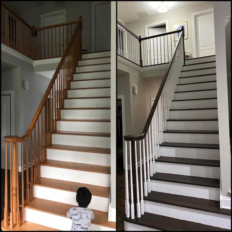 Light Floor Dark Stairs, Dark Wood Stairs, Dark Wood Staircase, Stair Renovation, Stair Banister, Stair Makeover, Open Stairs, White Stairs, Dark Trim