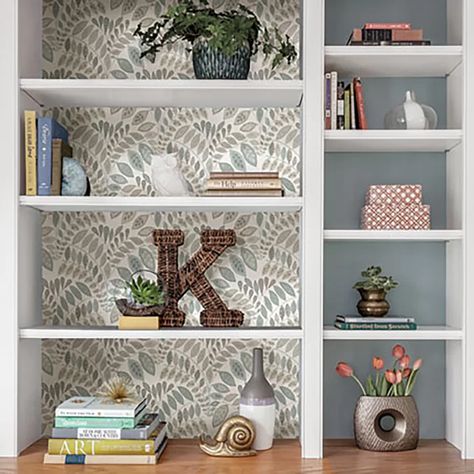 Wallpaper Bookcase, Wallpaper Bookshelf, Built In Shelves Living Room, Wallpaper Shelves, Bookcase Decor, Decorating Shelves, Peel Stick Wallpaper, Bookshelf Decor, Light Teal