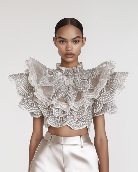 Ruffled organza blouse with intricate tiny polka dots, echoing delicate flower petals, paired with sleek satin trousers for a refined contrast of textures and sophistication. Transform your fashion label into a masterpiece of innovation and style with our bespoke AI-powered design solutions. By leveraging the precision of machine learning and the creative genius of AI, we craft truly unique and breathtaking pieces that redefine the essence of luxury fashion. To experience the symphony of art... Unique Dresses Creative, Ingenue Essence, Elegance Fashion, Organza Blouse, Creative Genius, Satin Trousers, Maggam Work Blouse Designs, Maggam Work Blouses, Free People Style