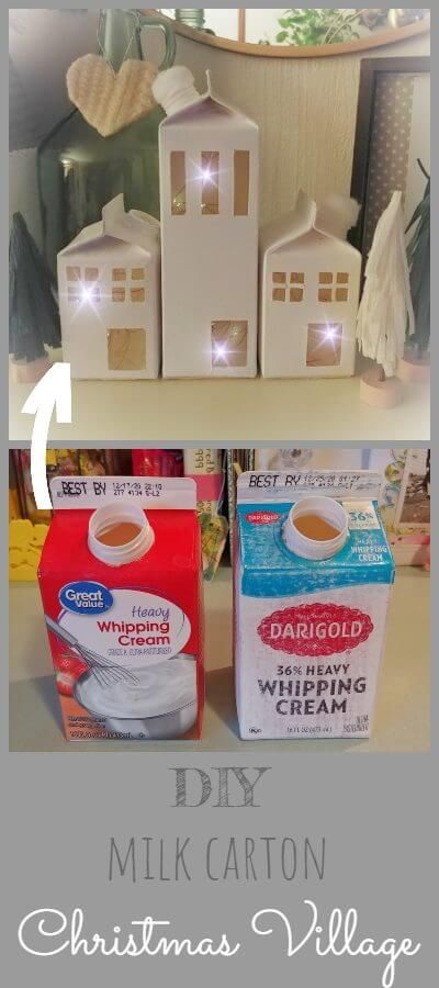 DIY Milk Carton Christmas Village Christmas Carton Decorations, Christmas Milk Carton Crafts, Milk Carton Houses Christmas, Milk Carton Christmas Crafts, Milk Carton Christmas Village, Upcycle Milk Carton, Cardboard Village Diy, Cardboard Christmas Village Diy, Gingerbread House Milk Carton