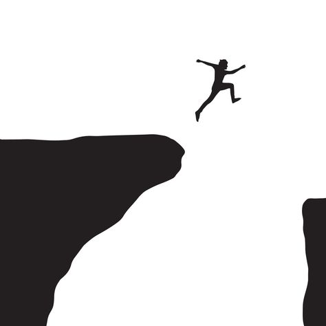 Jumping From A Cliff, Cliff Jumping Tattoo, Person Jumping Off Cliff, Jumping Off Cliff Drawing, Abyss Illustration, Black Man Illustration, Cliff Silhouette, Jump Tattoo, Jump Aesthetic