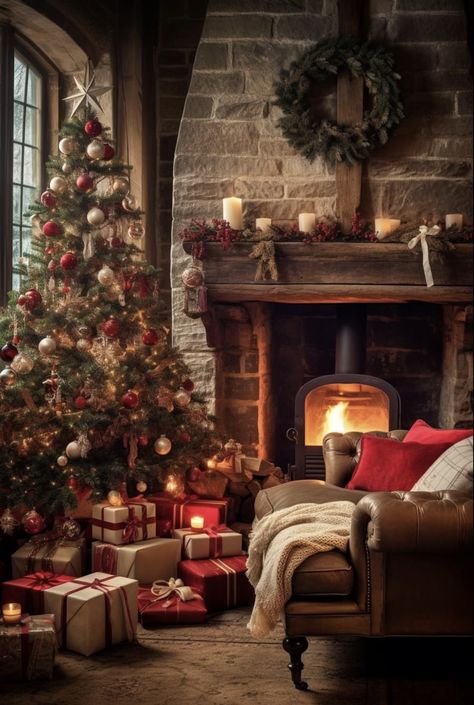 Christmas By The Fireplace, Christmas Season Aesthetic, Christmas Cabin Decor, Cozy Christmas Living Room, Christmas Fireplace Decor, Christmas Mantel Decorations, Cottage Christmas, Christmas Decorations Living Room, Christmas Room Decor