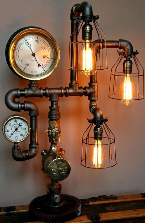 steampunk bedding | Wild steampunk light Décor Steampunk, Steampunk Machine, Lampe Steampunk, Lampe Industrial, Steampunk House, Steampunk Lighting, Diy Lampe, Industrial Bedroom, Vintage Industrial Decor