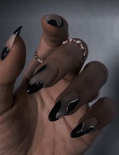 Black Nails Trendy Coffin, Nail Inspo For Black Hoco Dress, Spooky Classy Nails, Nail With Black Dress, Black Hoco Nails Almond, Homecoming Nails Black And Silver, Nails For Orchestra, Black Nail Designs Elegant, Simple Black Almond Nails