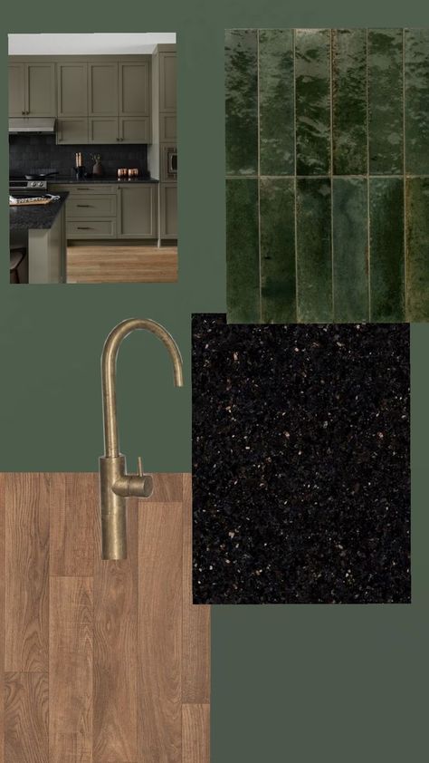 Green cabintry, Green tile, black granite counter tops, wooden floor, bronze details Green Granite Kitchen, Kitchen Colour, Green Granite, Red Palm, Kitchen Colour Schemes, Granite Flooring, Granite Kitchen, Green Tile, Black Granite